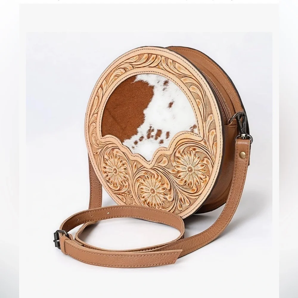 Cowgirl Western style authentic tooled leather crossbody bag with cow hyde
